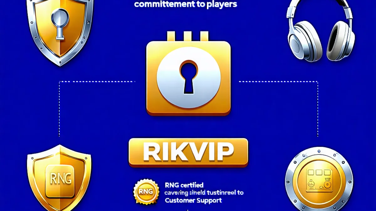 Minh họa cam kết an toàn và công bằng của RIKVIP, rik vip với các biểu tượng bảo mật, khiên, khóa và chứng nhận, trên nền xanh đậm