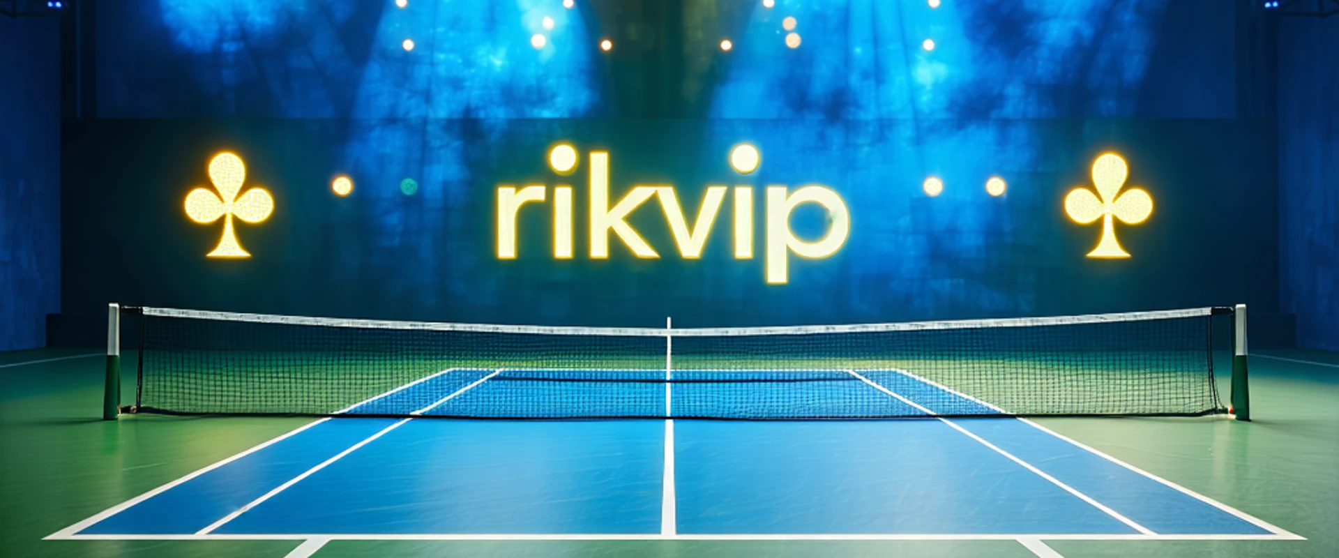 Hình ảnh sân quần vợt chuyên nghiệp với logo RIKVIP và các biểu tượng cá cược, thể hiện sự sôi động và chuyên nghiệp của nền tảng dự đoán và cá cược quần vợt của RIKVIP.