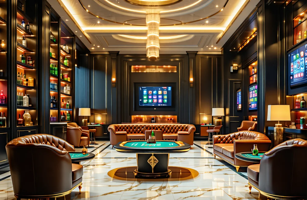 Phòng VIP sang trọng tại sòng bạc trực tuyến RIKVIP, thể hiện sự độc quyền và đẳng cấp với nội thất hiện đại và ánh sáng vàng ấm